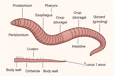 แผนภาพที่มีป้ายกำกับแสดงกายวิภาคของแอนเนลิดและส่วนต่างๆ ของร่างกาย