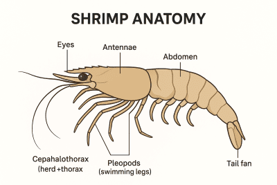 กายวิภาคและส่วนต่างๆ ของร่างกายกุ้งพร้อมแผนภาพที่มีป้ายกำกับ